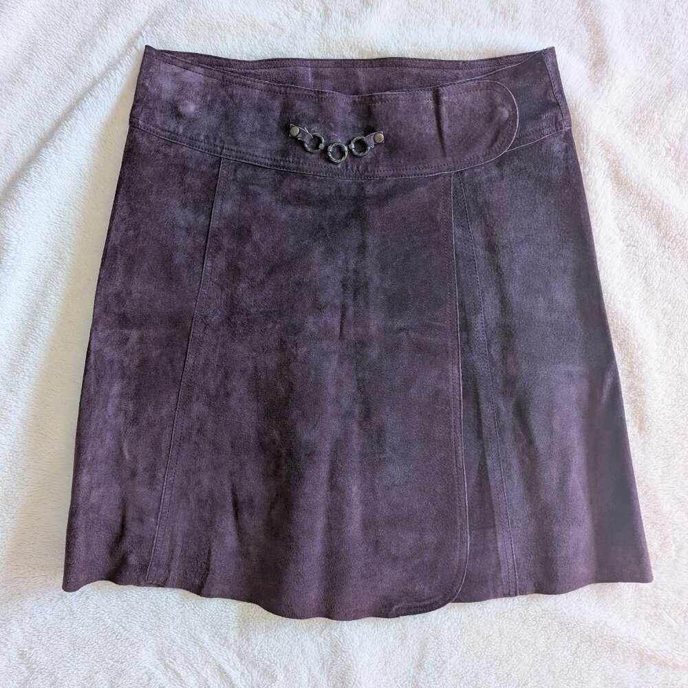 Vintage Benetton Purple Plum Leather Suede Wrap Skirt with Hardware Detail 42